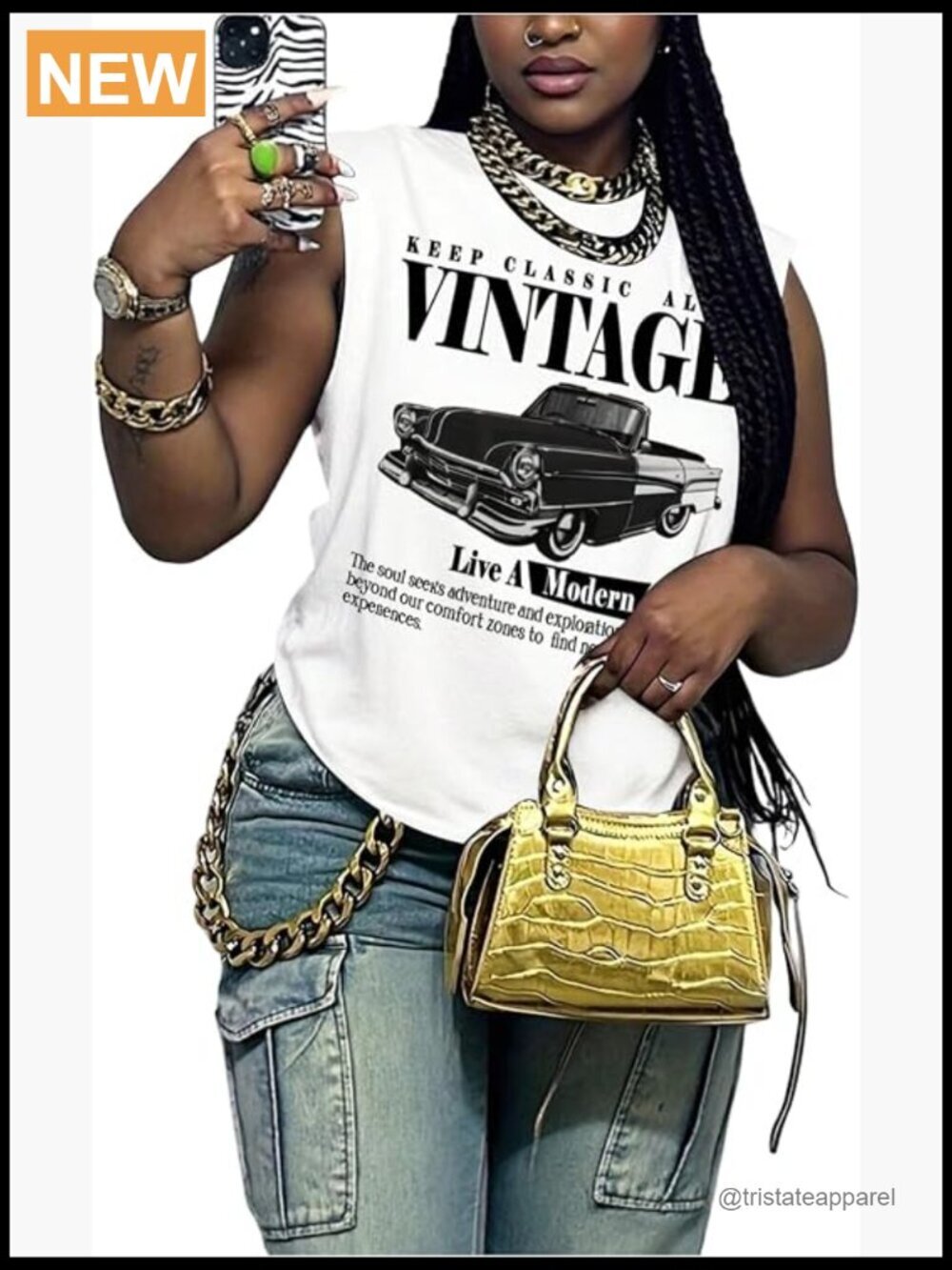 Women's Vintage Graphic Car Print Summer Tank Top Crewneck Sleeveless